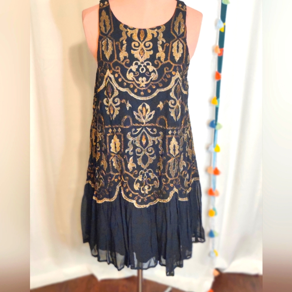 Free People silk embroidery deco Flapper mini dress Metallic Flouncy XS